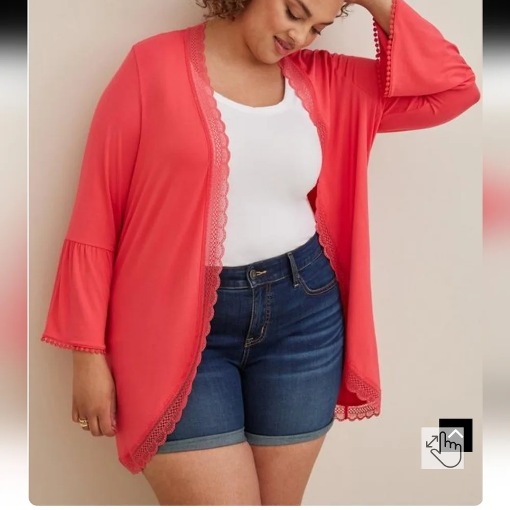 Plus Size 2X Super Soft Cardigan Lace Trim Ruffle Sleeve red